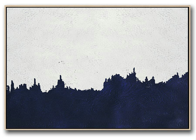 Large Canvas Art,Modern Art Abstract Painting,Horizontal Abstract Painting Navy Blue Minimalist Painting On Canvas,Living Room Canvas Art